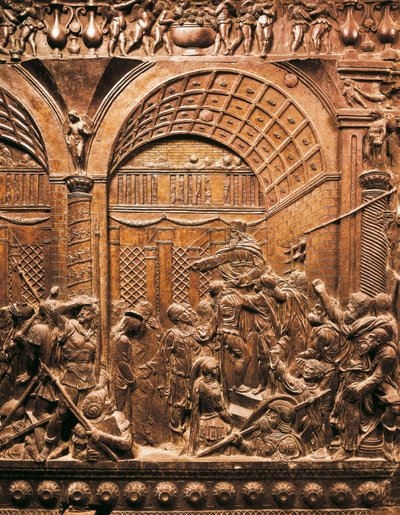 Renesanční umění (Quattrocento): Kristus vede před Kaifášem. 1460. Nízký reliéf na bronzu) od Donatello