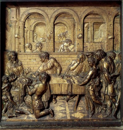 Banket Heroda Antipa II (21 př. n. l. – 39 n. l.). Detail spodního reliéfu křtitelnice realizovaný Donato di Niccolo di Betto Bardi dit Donatello (1386-1466) od Donatello