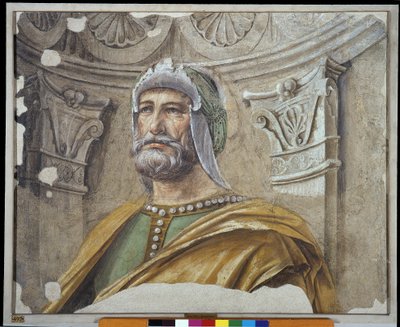 Muž ve zbrani s vousy a helmou od Donato Bramante