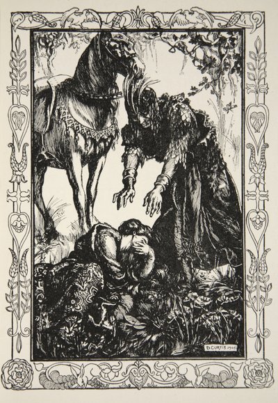 Objevil se před ní palamides, ilustrace z „Příběhů krále Artuše a kulatého stolu“ od Beatrice Clayové od Dora Curtis