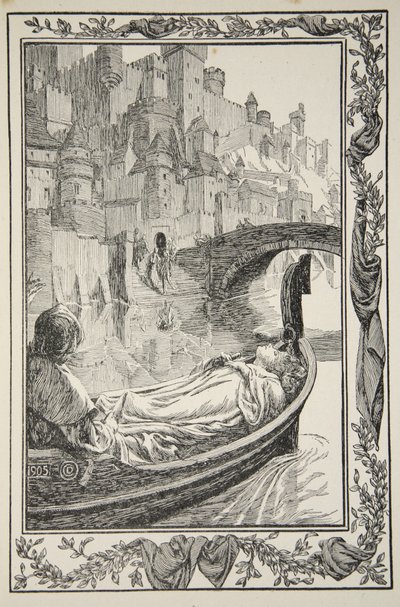 Člun plul po řece, ilustrace z „Příběhů krále Artuše a kulatého stolu“ od Beatrice Clayové od Dora Curtis