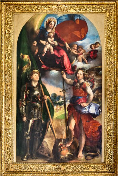 Madona s Jezulátkem a svatým Jiřím a svatým archandělem Michalem, kolem roku 1518 (olej na panelu) od Dosso Dossi