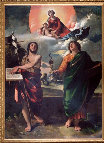 Panna a dítě se svatým Janem Křtitelem a evangelistou svatého Jana Svatý Jan drží kalich hada nebo ho převyšuje od Dosso Dossi