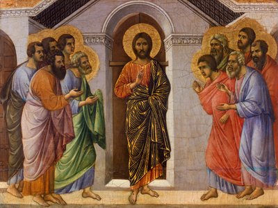 Kristus se zjevuje apoštolům za zavřenými dveřmi, detail z epizod z Kristova umučení a zmrtvýchvstání, část oltáře Maesta