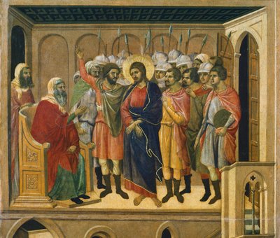 Kristus před veleknězem, detail dlaždice z epizod z Kristova umučení a zmrtvýchvstání, zadní povrch oltáře Maesta
