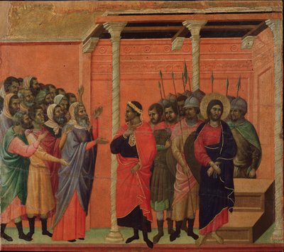 Ježíše obvinili farizeové. Oltářní obraz Maesta (tempera a zlato na dřevě od Duccio di Buoninsegna