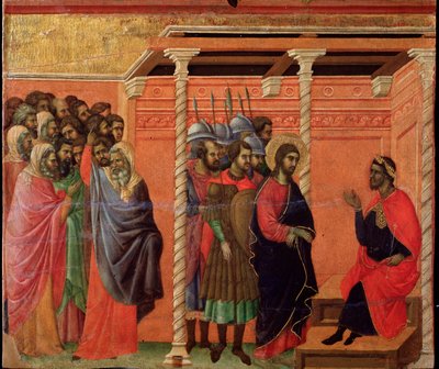 Ježíš před Pontským Pilátem. Oltářní obraz Maesta (tempera a zlato na dřevě od Duccio di Buoninsegna