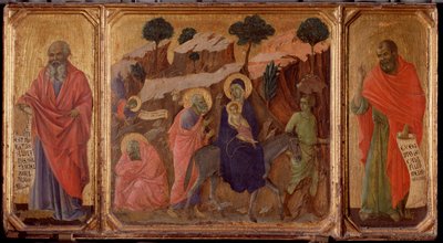 Život Krista: Útěk do Egypta s proroky Jeremiášem a Ozeášem. Predella of the Maesta (tempera na dřevě od Duccio di Buoninsegna