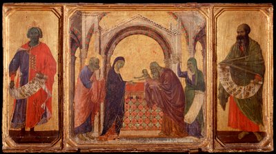 Život Krista: Král Šalamoun, představení v chrámu, Malachiáš. Predellla z La Maesta (tempera na dřevě od Duccio di Buoninsegna