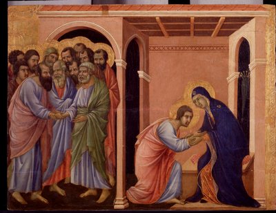 Marie se rozchází s Janem, navenek si apoštolové Petr a Pavel podávají ruce. Detail Maesty (tempera a zlato na dřevě od Duccio di Buoninsegna