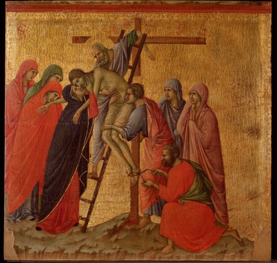 Vášeň: depozice. Oltářní obraz Maesta (tempera a zlato na dřevě od Duccio di Buoninsegna