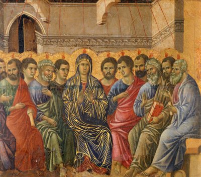 Letnice, detail z epizod z Kristova umučení a zmrtvýchvstání, zadní povrch oltáře Maesta