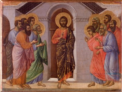 Vzkříšený Ježíš se zjevuje apoštolům. Oltářní obraz Maesta (tempera a zlato na dřevě od Duccio di Buoninsegna