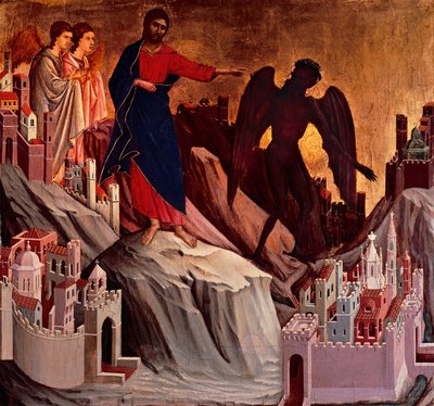 Pokušení na hoře, detail z epizod z Kristova umučení a zmrtvýchvstání, zadní povrch oltářního obrazu Maesta