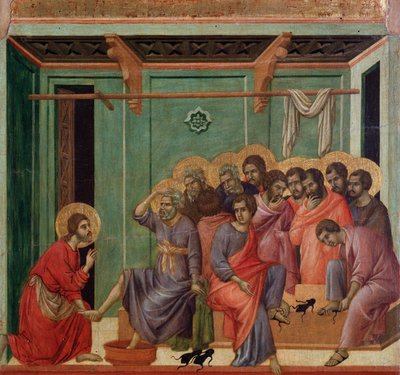 Mytí nohou. Detail Maesty (tempera na dřevě od Duccio di Buoninsegna
