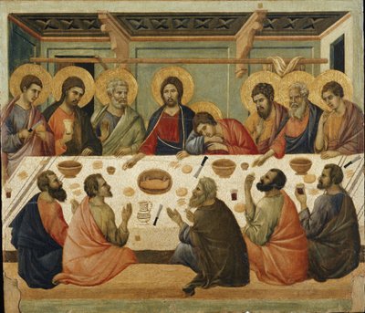 Večeře Páně. Zadní strana oltářního obrazu Maesta od Duccio di Buoninsegna