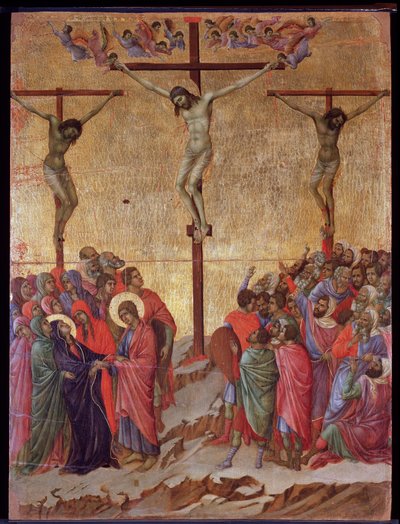 Ukřižování. Po stranách dobrý zloděj (Dismas) a nekajícný zloděj (Gestas). Oltářní obraz Maesta (tempera a zlato na dřevě od Duccio di Buoninsegna