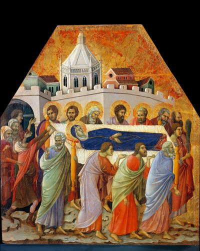 Pohřeb Panny Marie, svatého Jana s dlaní otevírá cestu (tempera na dřevě od Duccio di Buoninsegna