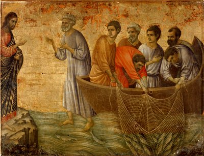 Druhý zázračný hřích: zjevení Krista apoštolům na Tiberiadském jezeře od Duccio di Buoninsegna