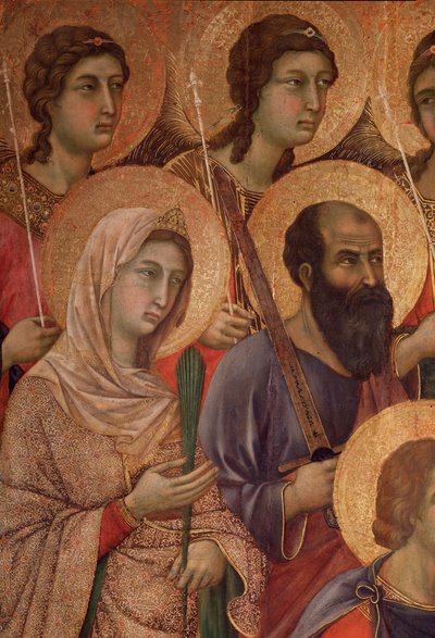 Panna a dítě na trůnu, detail se svatou Kateřinou Alexandrijskou a svatým Pavlem. (La Maesta) (tempera a zlato na dřevě od Duccio di Buoninsegna