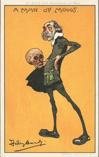 Muž nálad: Shakespearova postava, Hamlet, s lebkou Yoricka (barevná lito) od Dudley Hardy
