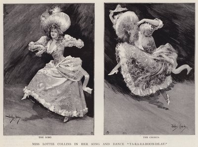 Anglická hudební zpěvačka a tanečnice Lottie Collins předvádí svou populární píseň Ta-Ra-Ra-Boom-De-Ay (litho) od Dudley Hardy
