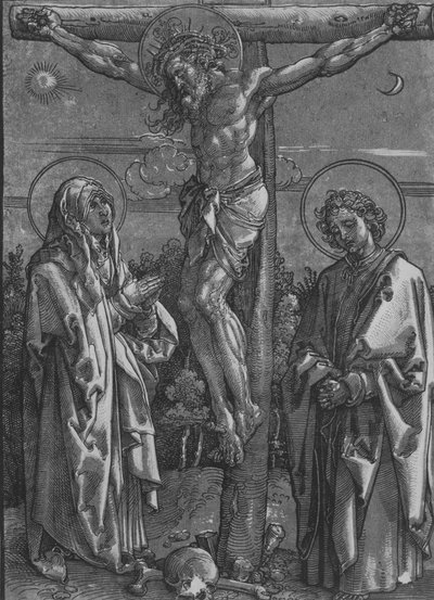 Kristus na kříži s Pannou Marií a svatým Janem, 1500-1550. od Dürer School.