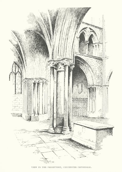 Pohled do presbytáře, Chichesterská katedrála (litografie) od Duncan Moul