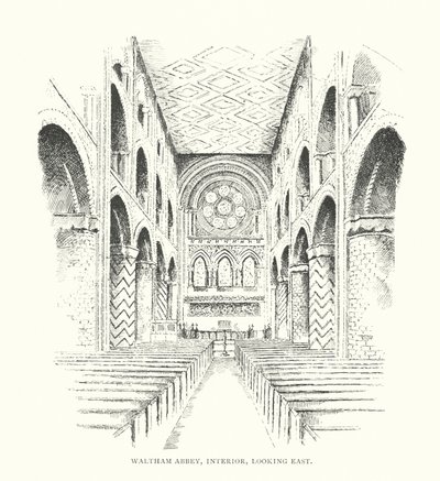 Waltham Abbey, interiér, pohled na východ (litografie) od Duncan Moul