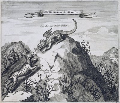 Hora v provincii Jiangxi s útesy známými jako drak a tygr, z Číny Ilustroval Athanasius Kircher (1601-80) 1667 od Dutch School
