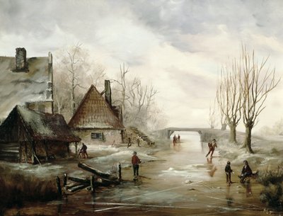 Zimní krajina s krasobruslení v popředí od Dutch School