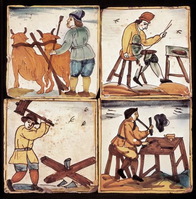 Panel Azulejos: vyobrazení řemesel, rolnické obdělávání půdy, spořič, štípač kmenů a píšťala (keramika) od Dutch School