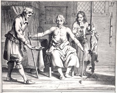 Krevní transfuze ze psa, z Armamentarii Chirurgici od Johannese Schultese (1595-1645), publikovaná v Amsterdamu, 1671 od Dutch School