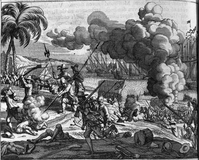 Kolonizace: nizozemské flotily pronásledující Portugalce z Cejlonu (dnešní Srí Lanka nebo Srilanka) v roce 1658. Holandský tisk z „Afgoderye de oost-indische heydenen“ (Popis zemí východní Indie) od Philippa Baldaea (nebo Balda) (1632 -1671), od Dutch School