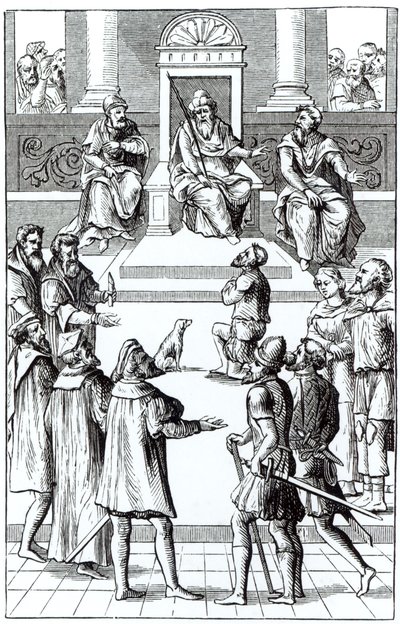 Přiznání k nápravě před tribunálem po dřevorytu v Praxis Rerum Criminalium od Joose de Damhoudera (1507-81), publikovaném v Antverpách, 1556 od Dutch School