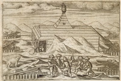 Zabíjení posádky a stahování medvědů z kůže, mimo chatu, ve které expedice zimovala, ilustrace z „Diarium Nauticum, seu vera descriptio trium navigationum admirandarum...“ od Gerrita de Veera od Dutch School