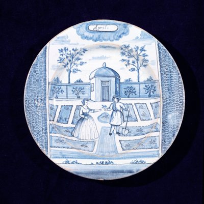 Delftware talíř zobrazující měsíc duben (cínem glazovaná kamenina) od Dutch School