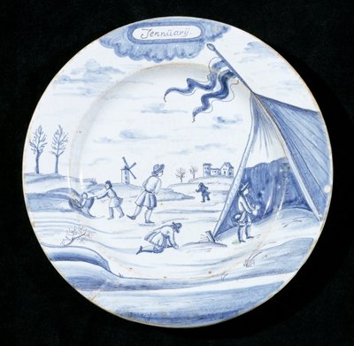 Delftware talíř zobrazující měsíc leden (cínem glazovaná kamenina) od Dutch School