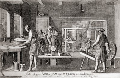 Továrna Abrahama van Wylicka, Amsterdamský hedvábnický průmysl, z knihy "Geschiedenis van Nederland", vyd. 1936 (litografie) od Dutch School
