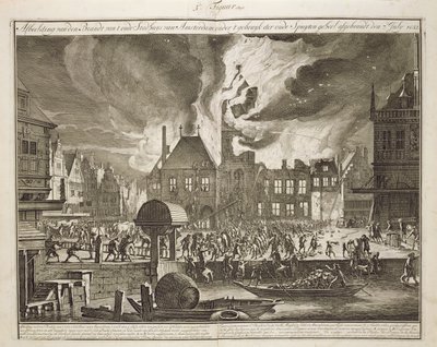 Požár staré amsterdamské radnice, 17. července 1652, z knihy o hašení požárů v Holandsku, vydané kolem roku 1700 od Dutch School
