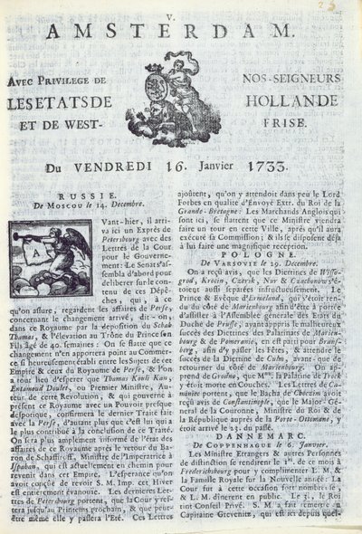 Přední strana La Gazette dAmsterdam, 16. ledna 1733 (tištěný papír) od Dutch School