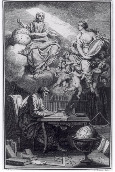 Frontispis knihy Elemens de la Philosophie de Neuton od Voltaira (1694-1778) vydané v Amsterdamu roku 1738. od Dutch School