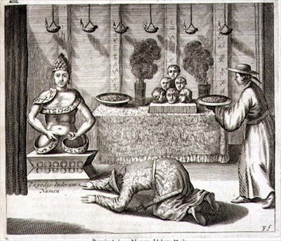 Interiér chrámu indického boha, z ‚China Illustrated‘ od Athanasius Kircher (1601-80) 1667 (rytina) od Dutch School