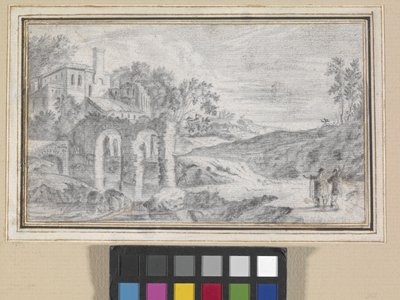 Italská krajina s ruinami (černá křída na špinavě bílém papíře) od Dutch School