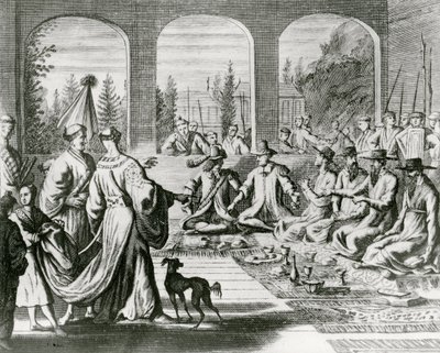 Jezuité s holandskými a portugalskými obchodníky u japonského dvora, kolem roku 1670 (rytina) od Dutch School