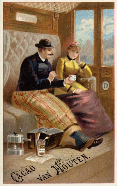 Muž nabízející čokoládu ženě ve vlaku (chromolit) od Dutch School