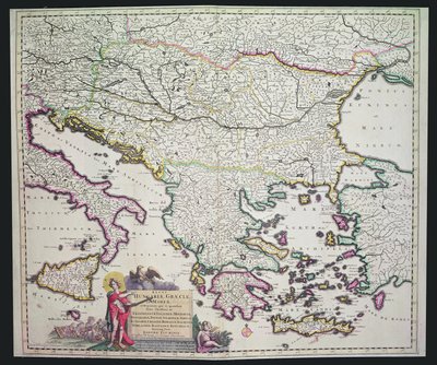 Mapa Řecka, Maďarska a jejich okolních zemí (ručně kolorovaná rytina) od Dutch School