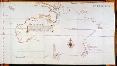 Mapa Nového Holandska, nyní Austrálie, a Nového Zélandu, čerpaná z informací shromážděných během cest, které podnikli Abel Janszoon Tasman