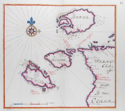 Mapa zobrazující část ostrova Ceram (Seram) a Bonoa (ostrov Boano) a ostrov Kelang a ostrov Manipa. od Dutch School