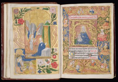 Ms 144, ff.13v-14r: Zvěstování a Panna a dítě, miniatury z Knihy hodin, Use of Utrecht, c.1500-20 (zlatolist a zlato a barevné inkousty na pergamenu) od Dutch School